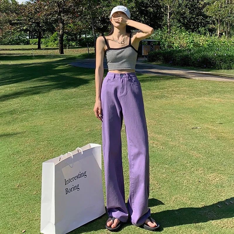 Jiashucheng Quần Jean Dài Lưng Cao Ống Rộng Dáng Suông Màu Hồng Cho Nữ