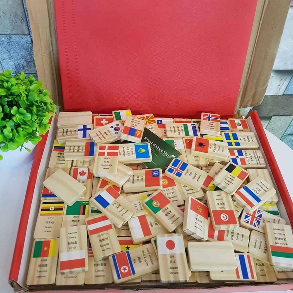 [Mã LIFETOYS1 giảm 30K đơn 99K] Bộ domino cờ 100 quốc gia bằng gỗ 4 thứ tiếng