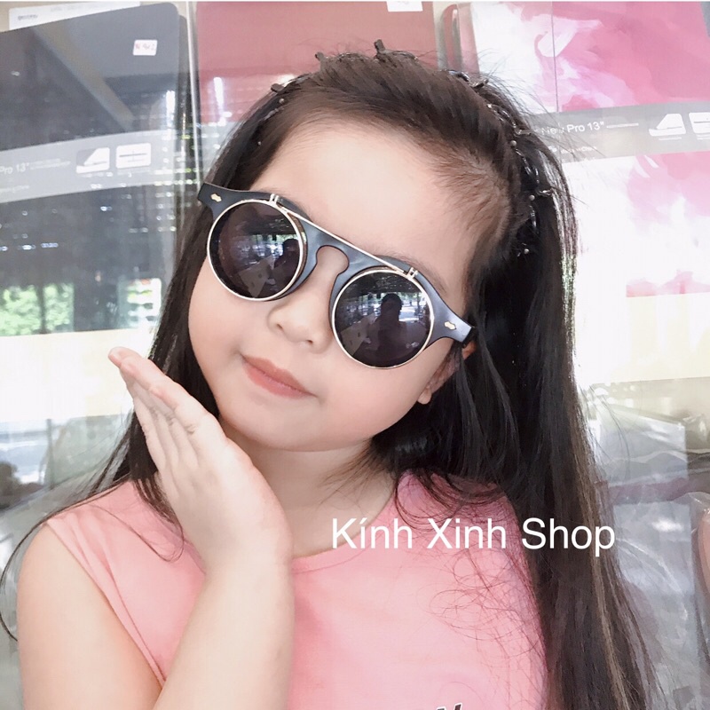 Kính Râm Trẻ Em 2 Lớp Mở Nắp Lên Xuống Gọng Tròn Nhựa Đa Năng Đi Ngày Và Đêm Cho Bé
