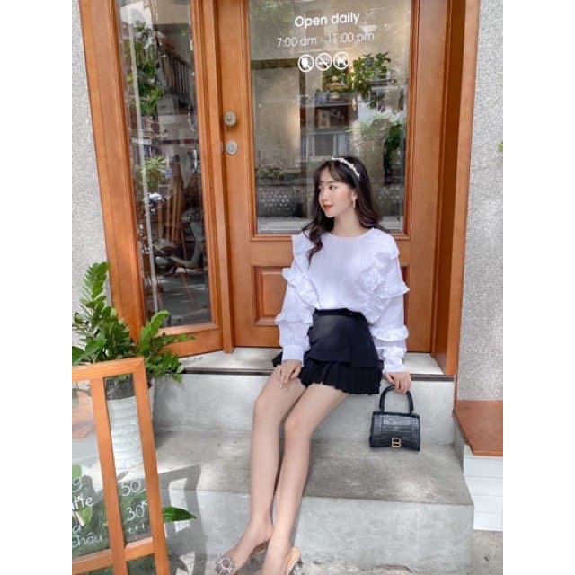 A054 Áo Sơ Mi  không cổ Nữ Bánh Bèo Tay Bồng Hot Girl, Áo Tiểu Thư Trắng Tay Bèo Tầng Ulzzang Phong Cách Hàn Quốc