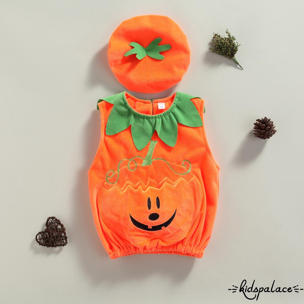 Set áo không tay thêu hình quả bí đỏ và quần dài phong cách Halloween cho bé