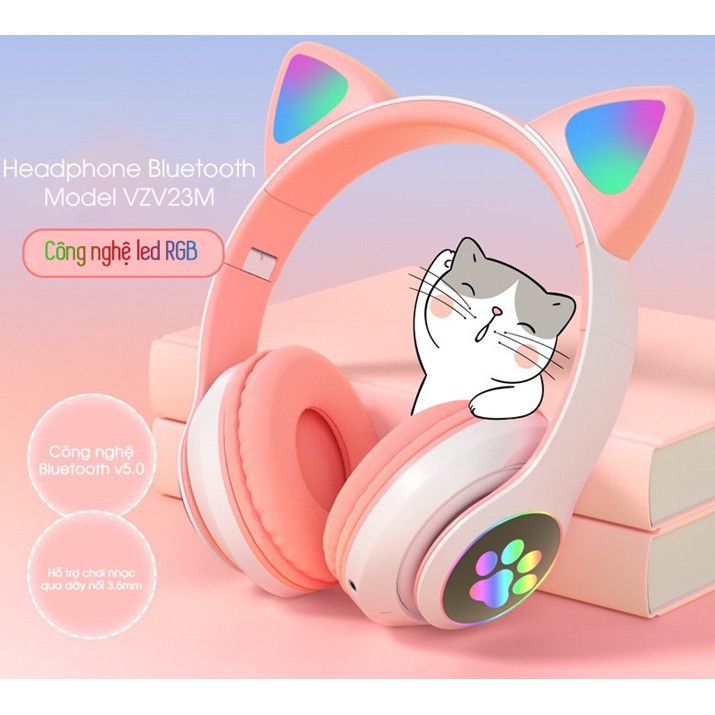 Tai nghe chụp tai bluetooth tai mèo 23M, không dây có mic, đèn led - LITEK