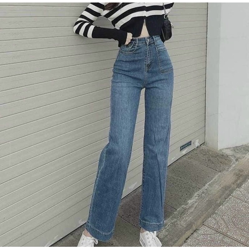 Jeans suông túi trước cạp cao (ảnh thật)