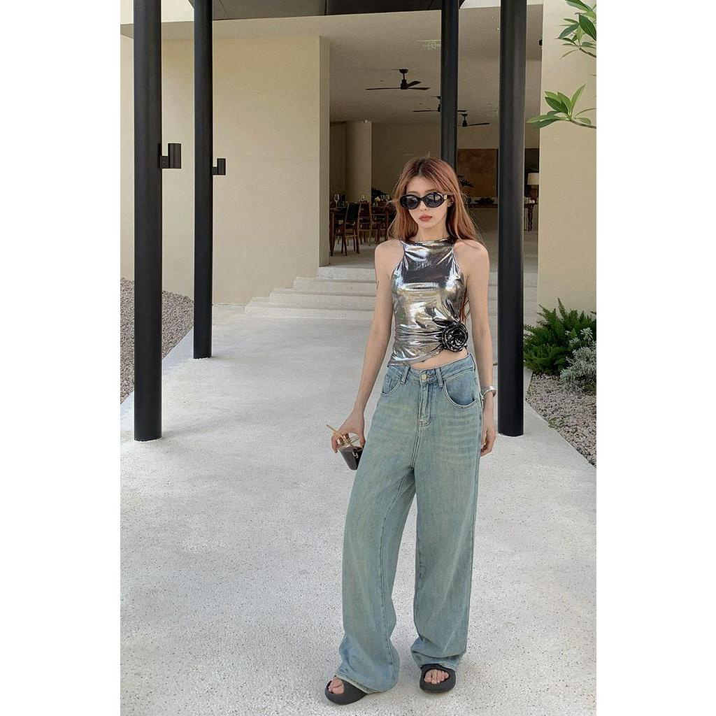 Quần Denim Ống Rộng Phối Túi Phong Cách Retro 64937