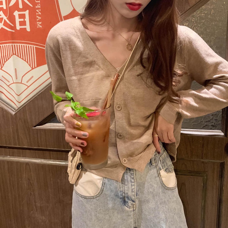 【ZHELIHANGFEI】Áo Cardigan Dệt Kim Tay Dài Cổ Chữ V Lưng Cao Quyến Rũ