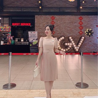 Váy liền chân váy xếp ly kèm đai cao cấp