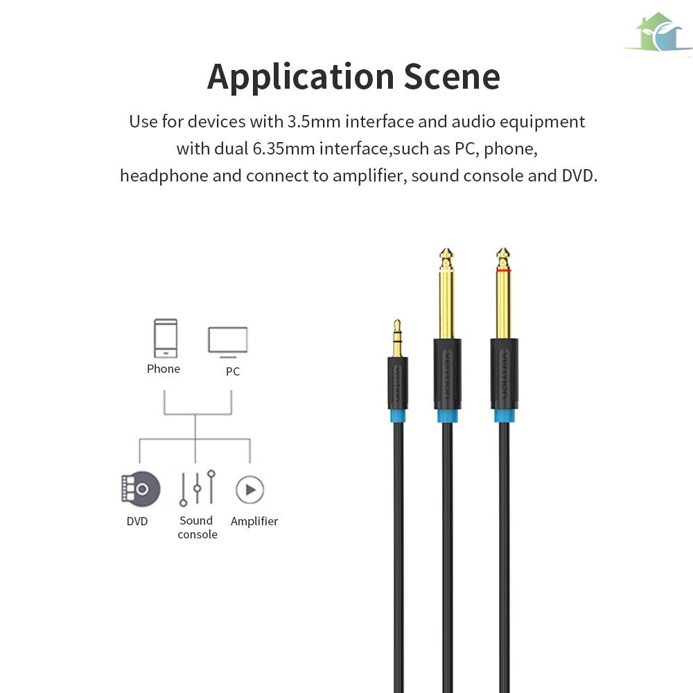 VENTION Dây cáp âm thanh chuyển đổi từ giắc 3.5mm sang hai đầu 6.5mm AUX sang 6.35mm màu đen cho loa điện thoại khuếch đại âm thanh 3.5mm 1.5m/4.92ft