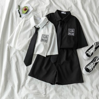 Set Học Sinh Tinh Nghịch Sơ Mi Túi Mèo Kèm cà Vạt + Quần Lửng Cạp Cao Nhật Bản