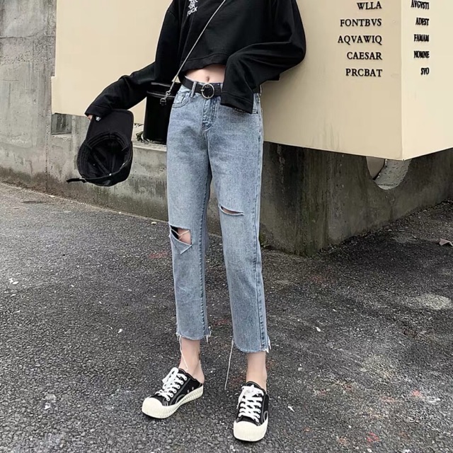 Quần slim baggy jeans rách xẻ ver.2 ulzzang kèm ảnh thật