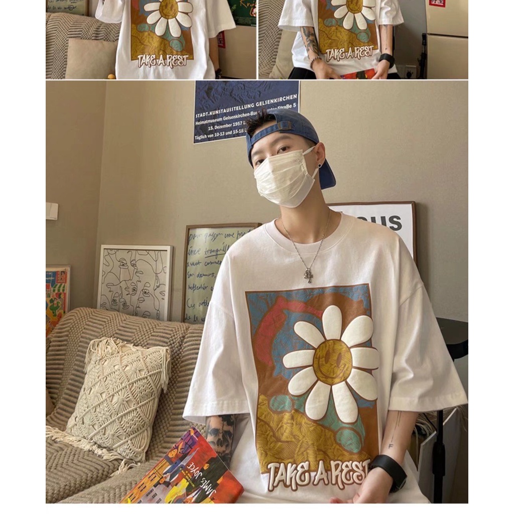 Áo Thun Tay Ngắn Cổ Tròn In Hình Hoa Cúc Mặt Cười Hoạt Hình Đơn Giản Thời Trang