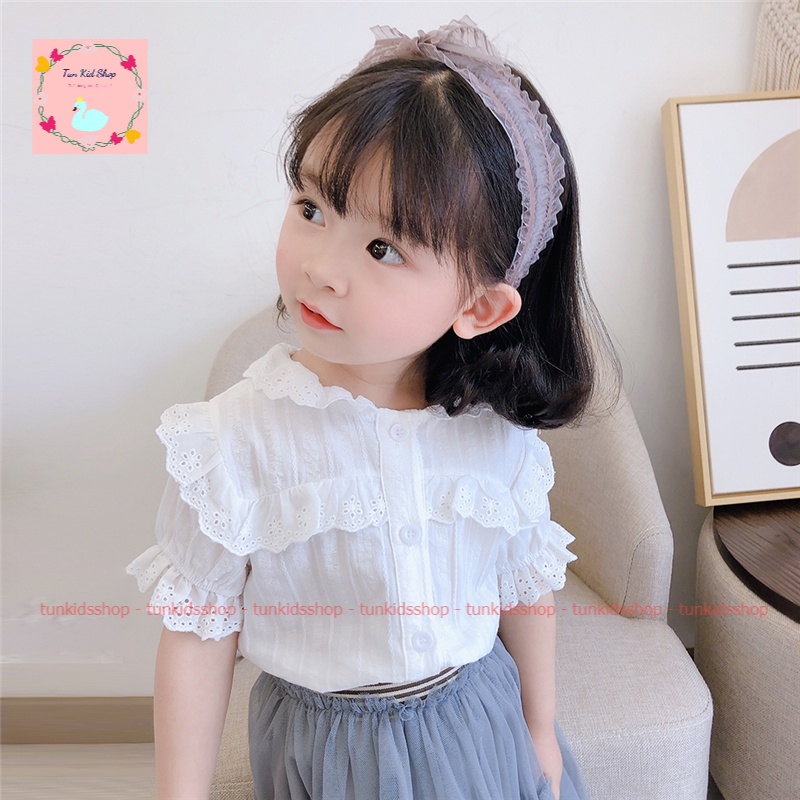 Áo sơ mi bé gái ngắn tay màu trắng phối viền cổ búp bê xinh xắn