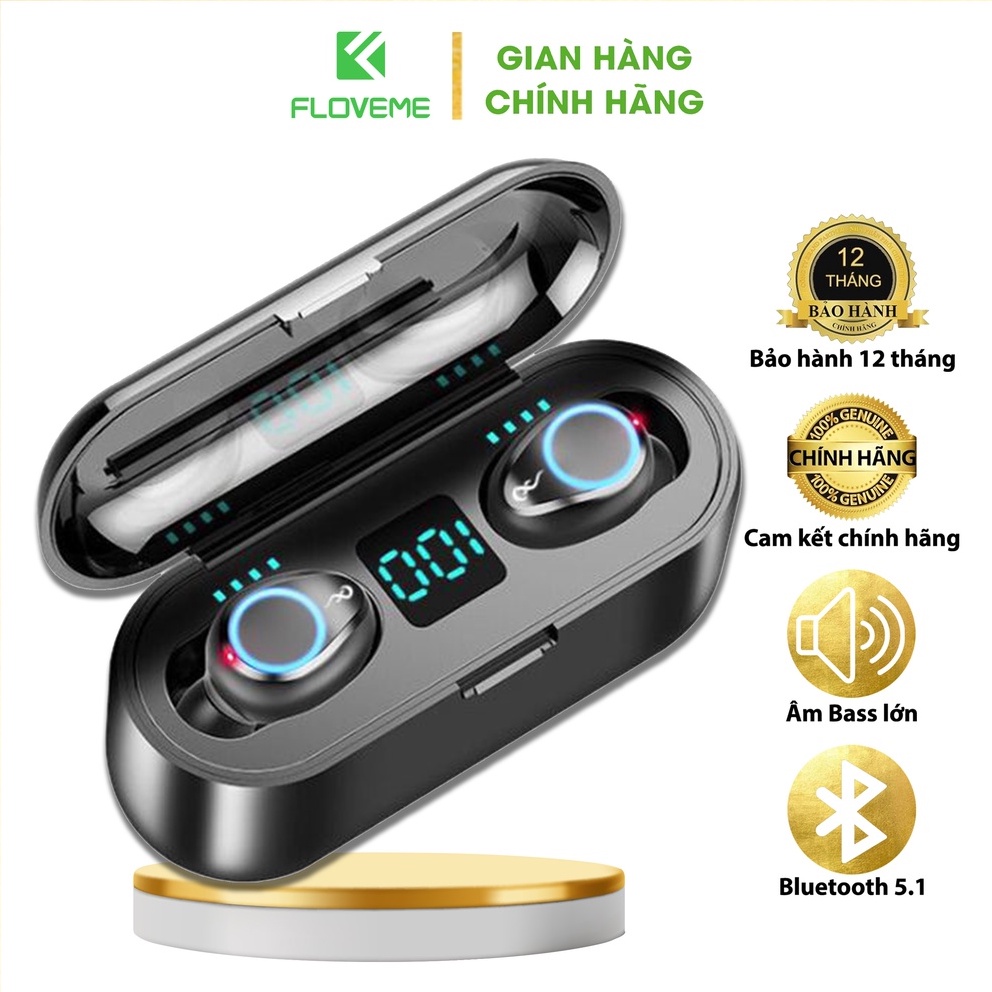 Tai Nghe Không Dây True Wireless Floveme F9s Kiêm Sạc Dự Phòng, Nút Cảm Ứng, Bluetooth 5.0, Kháng Nước IPX5