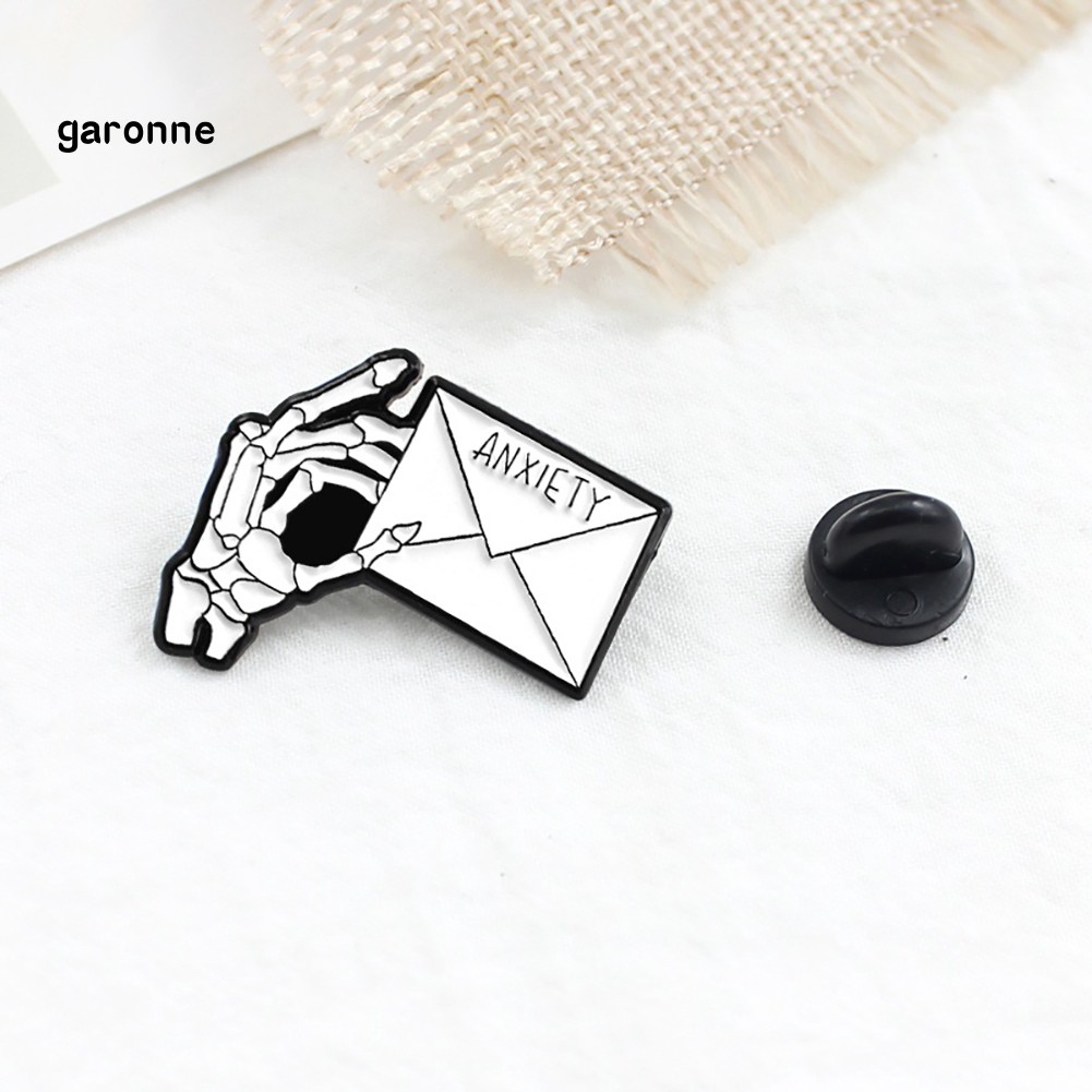 GA_ANXIETY Letter Skeleton Hand Enamel Brooch Pin Men Women Jeans Jacket Jewelry