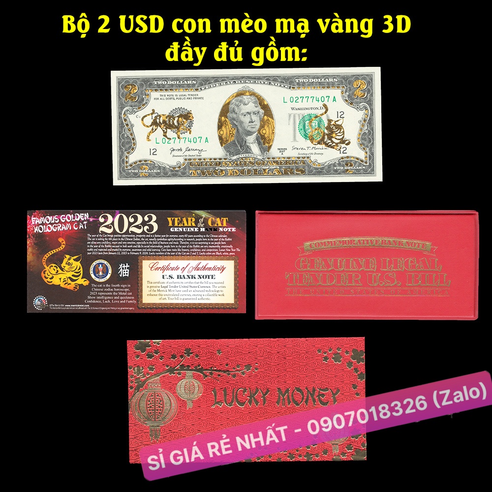 Tiền 2 USD Hình Con Mèo Vàng 3D 2023 Lì Xì Tết, kèm bao da đỏ, sưu tầm lưu niệm, quà Tết, trang trí