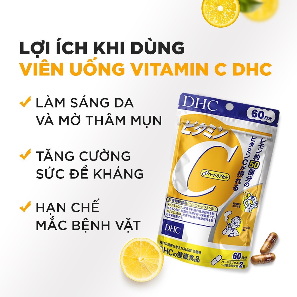 Viên uống Vitamin C DHC Nhật Bản dưỡng sáng đẹp da tự nhiên chống nắng mờ thâm ngừa mụn tăng sức đề kháng gói 60 viên