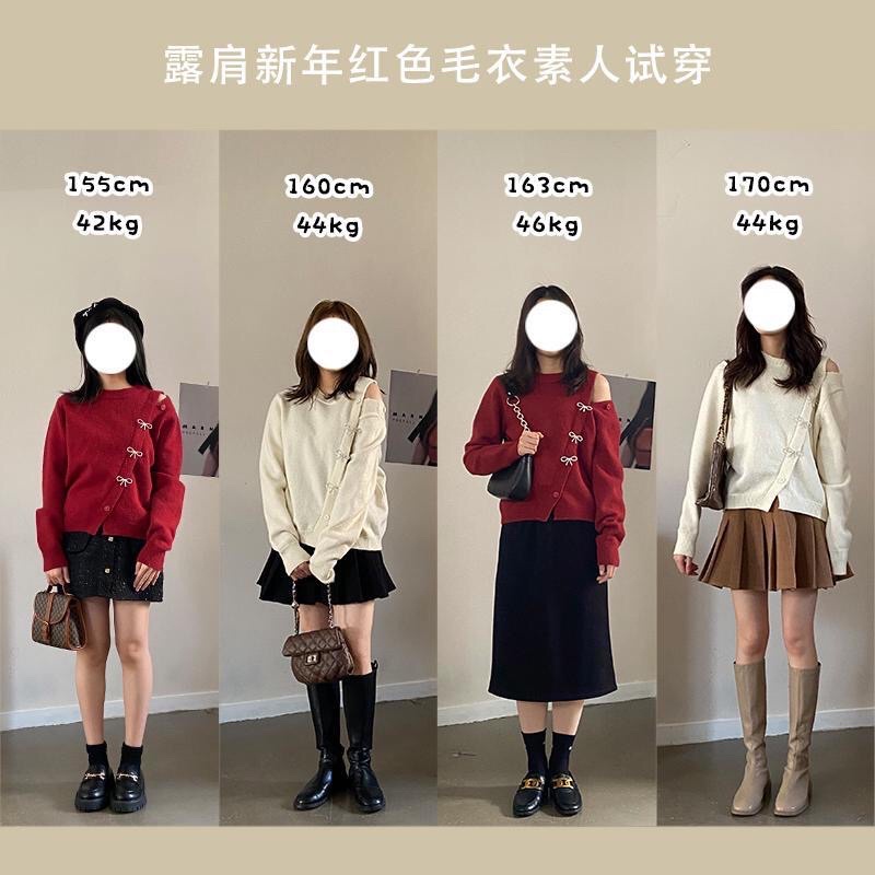 Áo len hở vai phối nơ xinh xắn