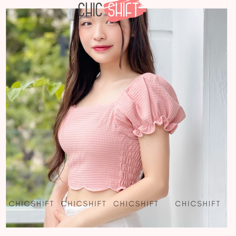Áo croptop cổ vuông trễ vai tay bồng thiết kế cách điệu cánh hoa vải xốp tổ ong mát lạnh - Chicshift