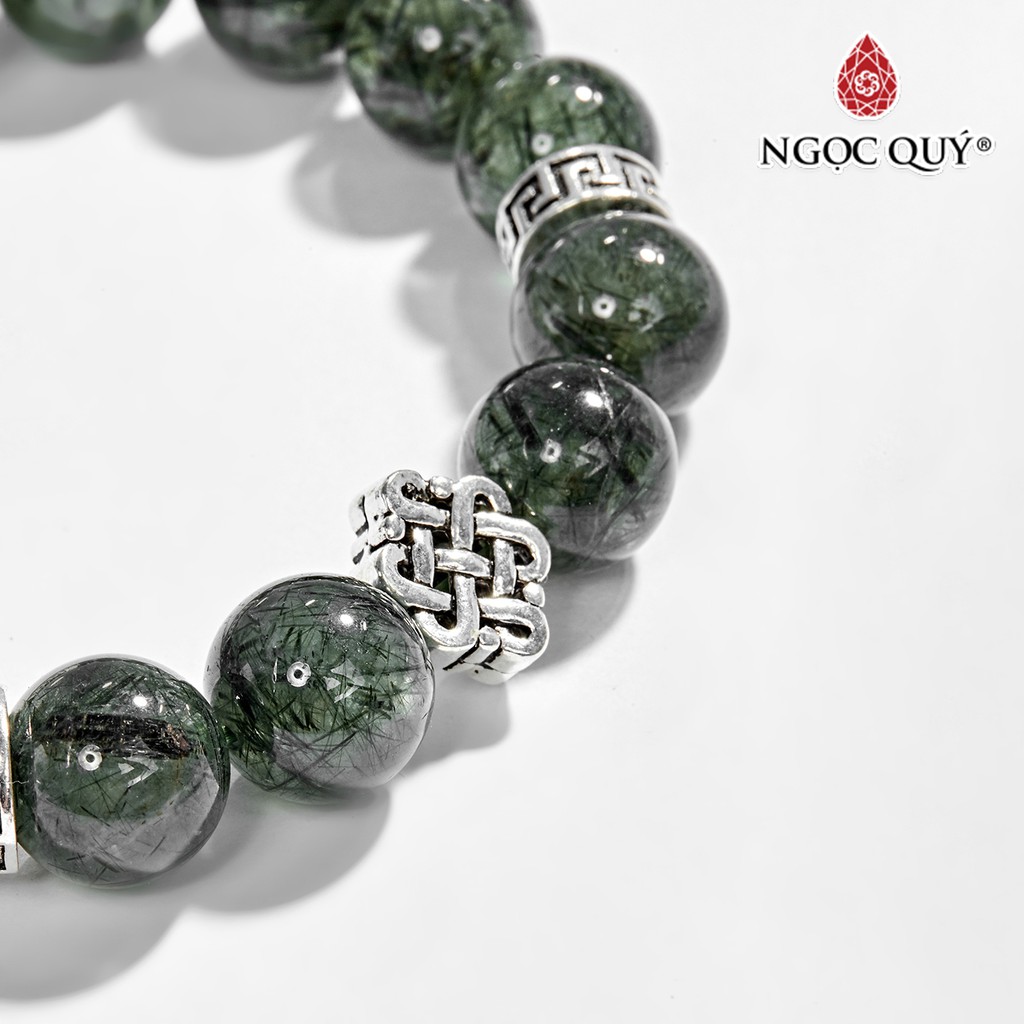 Vòng tay đá TA tóc xanh phối charm kết đồng tâm bạc 925 hạt 12mm - Ngọc Quý