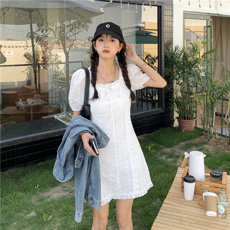 Đầm Tay Ngắn Dáng Chữ A Màu Trắng Thời Trang Mùa Hè Hàn Quốc Mới Cho Nữ | BigBuy360 - bigbuy360.vn