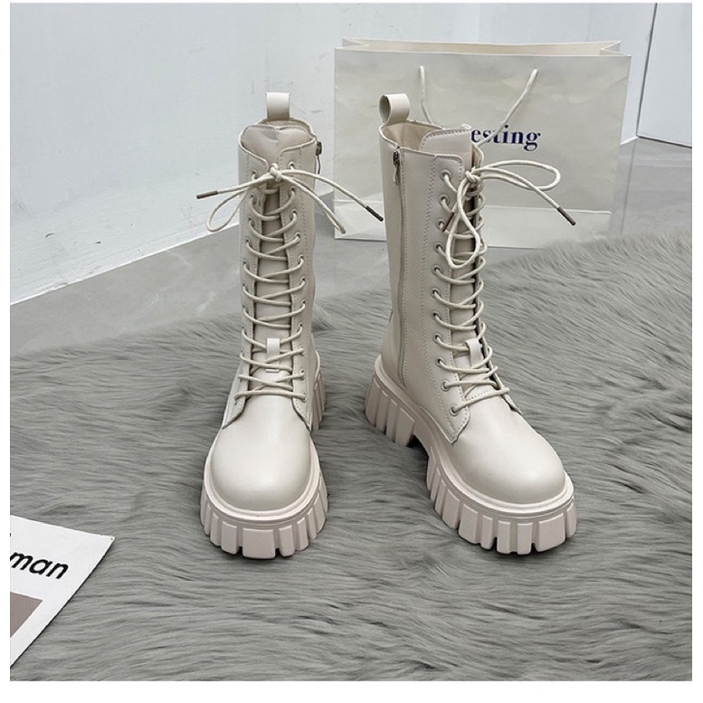 Giày Boot ulzzang bốt nữ cao cổ buộc dây kéo khóa đế cao 6cm màu đen/kem | BigBuy360 - bigbuy360.vn