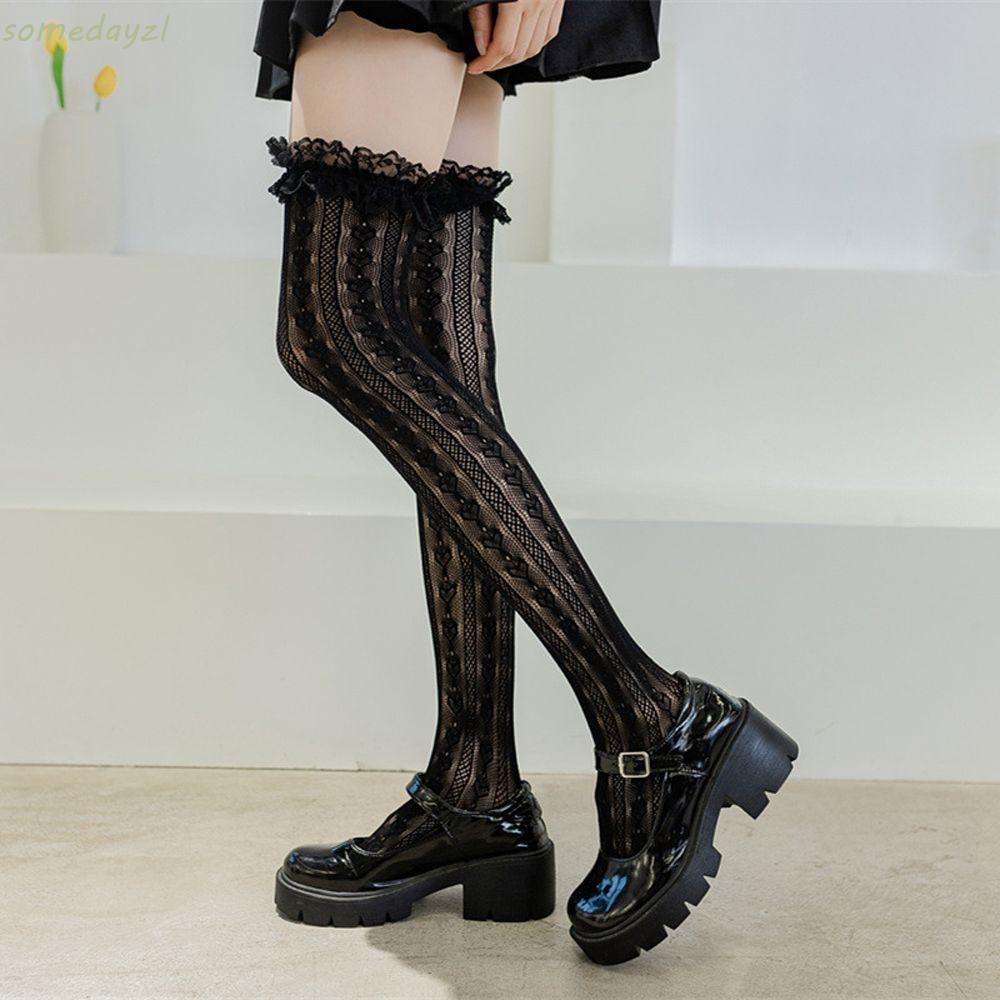 Vớ Dài Qua Gối Thoáng Khí Thêu Họa Tiết Ren Phong Cách Lolita Dễ Thương Cho Nữ