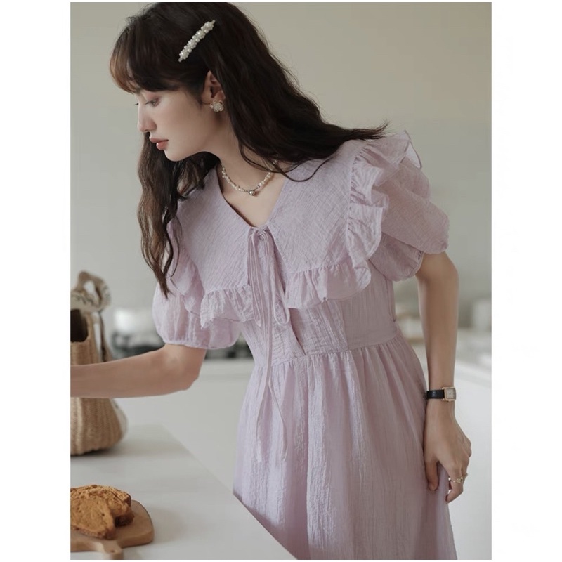 Đầm đũi tơ cổ bèo vuông hot hit đính nút ngọc - Váy maxi dáng dài màu pastel hàng Quảng Châu