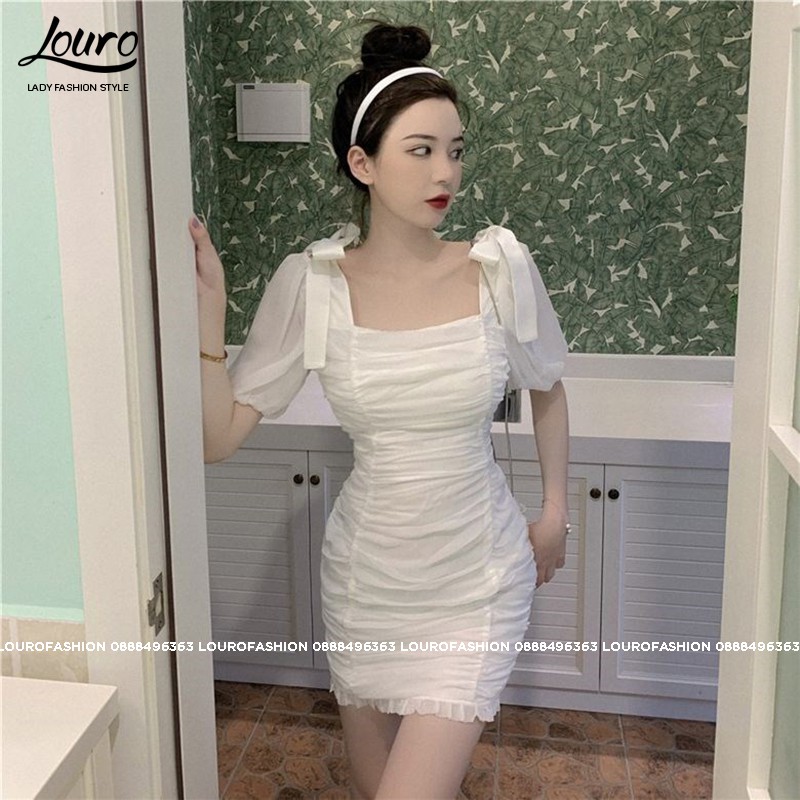 Đầm body trắng cổ vuông tay phồng, mẫu đầm nhún eo che khuyết điểm hiệu quả, tôn dáng tôn da -L065 | BigBuy360 - bigbuy360.vn
