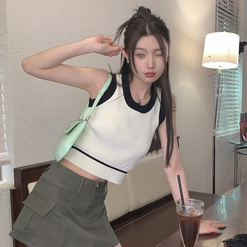 Áo Tank Top Cổ Tròn Màu Tương Phản Thời Trang Mùa Hè Cho Nữ