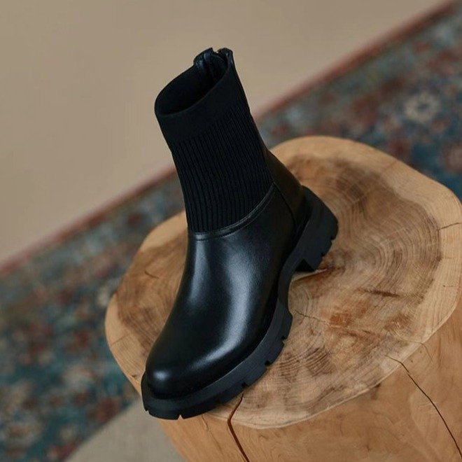 Boot nữ 3 cm mũi tròn gót vuông bề mặt da PU len phần trên mắt cá đế chống trơn trượt &031