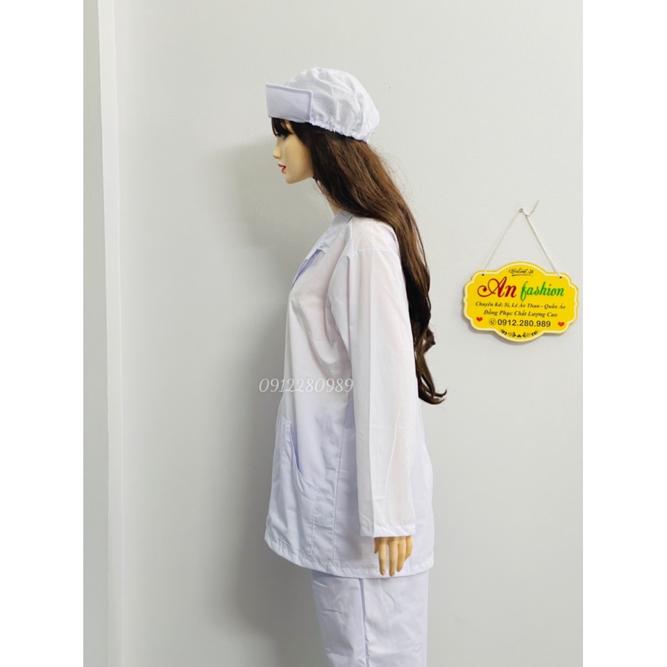 Áo Blouse Trắng ngành y tay dài 2 túi xéo phía trước _ Hình chụp thật