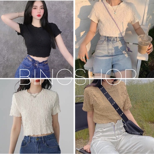 Áo croptop nữ Bingshop cổ tròn ngắn tay vải xốp mềm co giãn hàng đẹp freeship