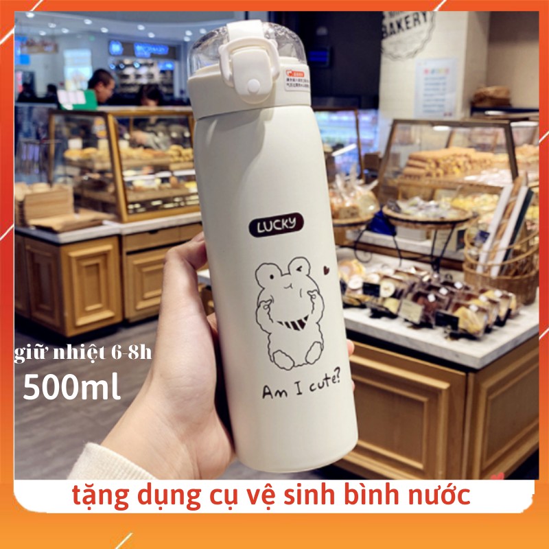 Bình giữ nhiệt INOX 304 dung tích 500ml họa tiết hình gấu dễ thương có ống hút có dây