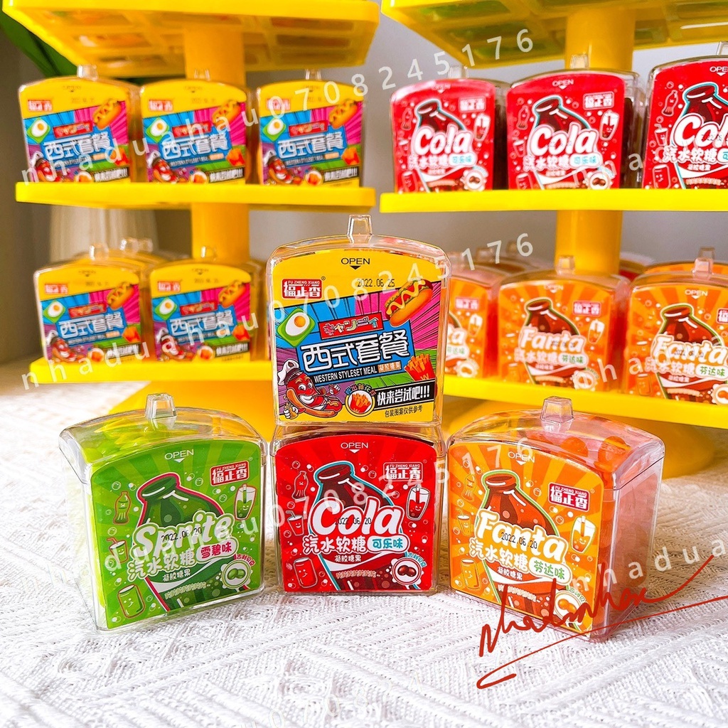 Hot - Một hộp kẹo dẻo burger/ cola/ sprite/ fanta Tháp Chú Hề Hongkong hình hộp mứt cúp lớn 100gam