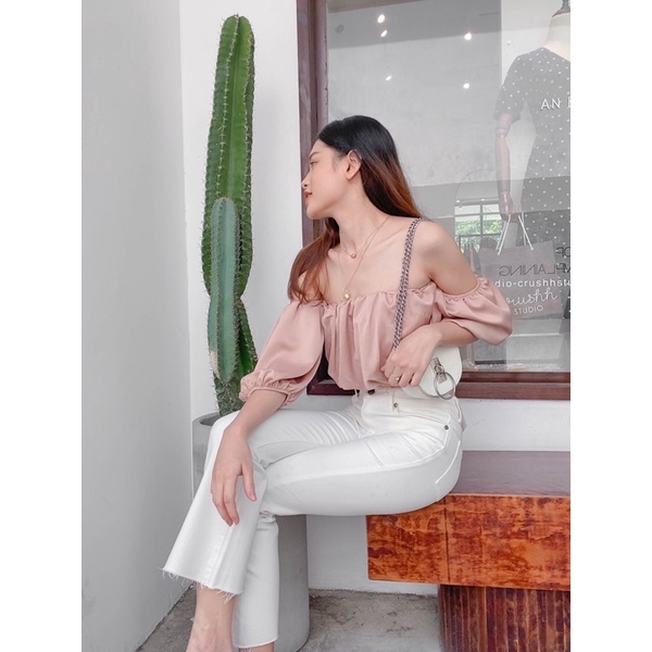Áo croptop trễ vai nhún ngực REVER CLOTHINGS Pink Pastel Top