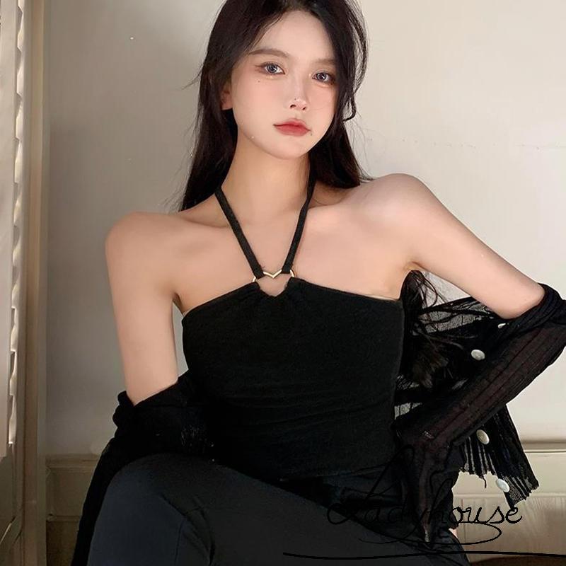 Áo Thun Không Tay Cổ Yếm Màu Trơn Co Giãn Dành Cho Nữ