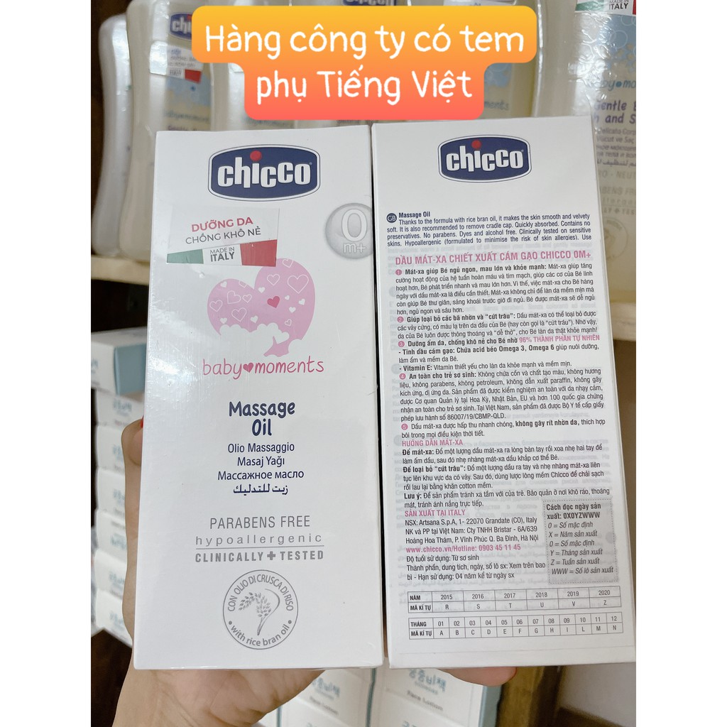 Dầu Mát-xa Chicco chiết xuất cám gạo 0M+ 200ml (CHECK DATE NHƯ HÌNH CUỐI Ạ)