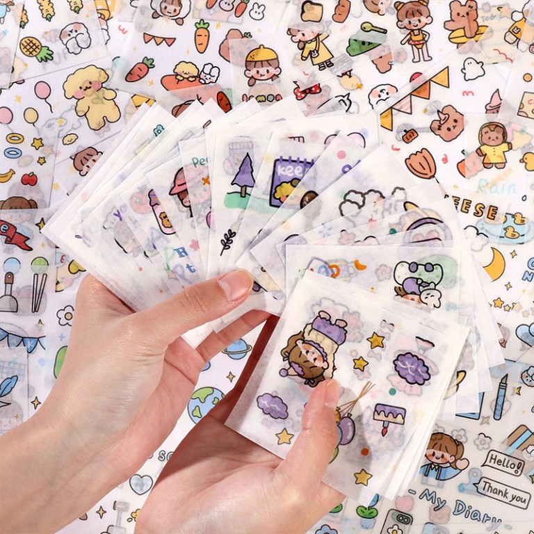 Sticker 100 tấm, Hộp quà tặng Sticker 100 tấm dán hoạt hình trang trí sổ lưu niệm dễ thương Hộp Xanh Rain . .