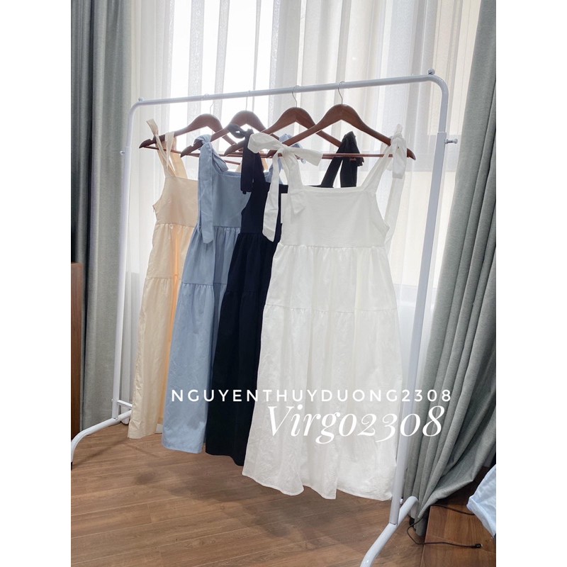 [Ảnh thật/Sẵn]Váy thô đũi dáng babydoll 2 dây nơ vai/Đầm thô đũi babydoll