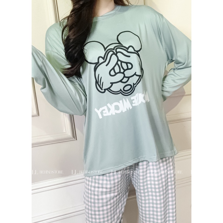 Bộ ngủ nữ dài tay thu đông cotton họa tiết cute dáng rộng chất vải mềm mại LL Behind Store - Sq021 | BigBuy360 - bigbuy360.vn