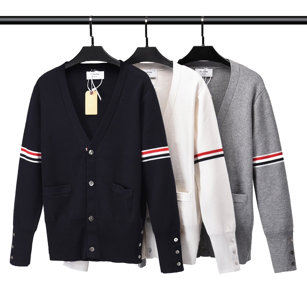 Áo khoác Cardigan nam nữ dệt kim Thom Brow.ne 8835 chất vải len da thiết kế tay áo kẻ vạch cổ áo tim cực sang trọng