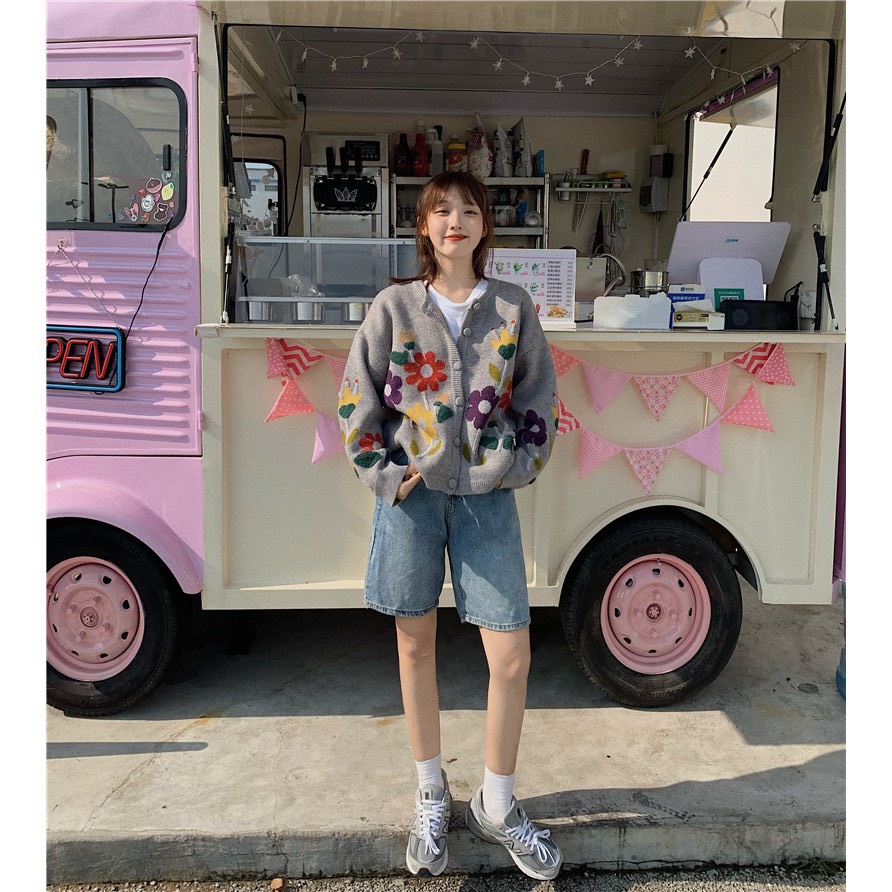 Áo khoác len cardigan họa tiết hoa phong cách Hàn Quốc ulzzang