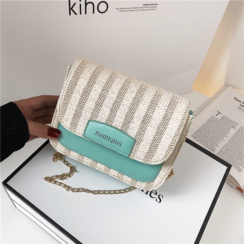 Túi Cói Đeo Chéo Thiết Kế Nhỏ Nhắn Phối Dây Xích Thời Trang Cao Cấp Cho Nữ
