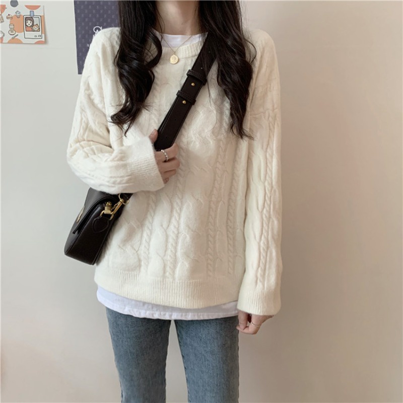 Áo len đỏ xoắc nữ cổ tròn áo sweater thu đông phong cách Hàn Quốc dệt kim giáng sinh