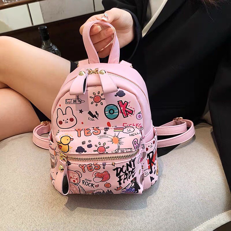 Ba lô mini nữ Linhstore  chất liệu da PU in họa tiết hoạt hình xinh xắn