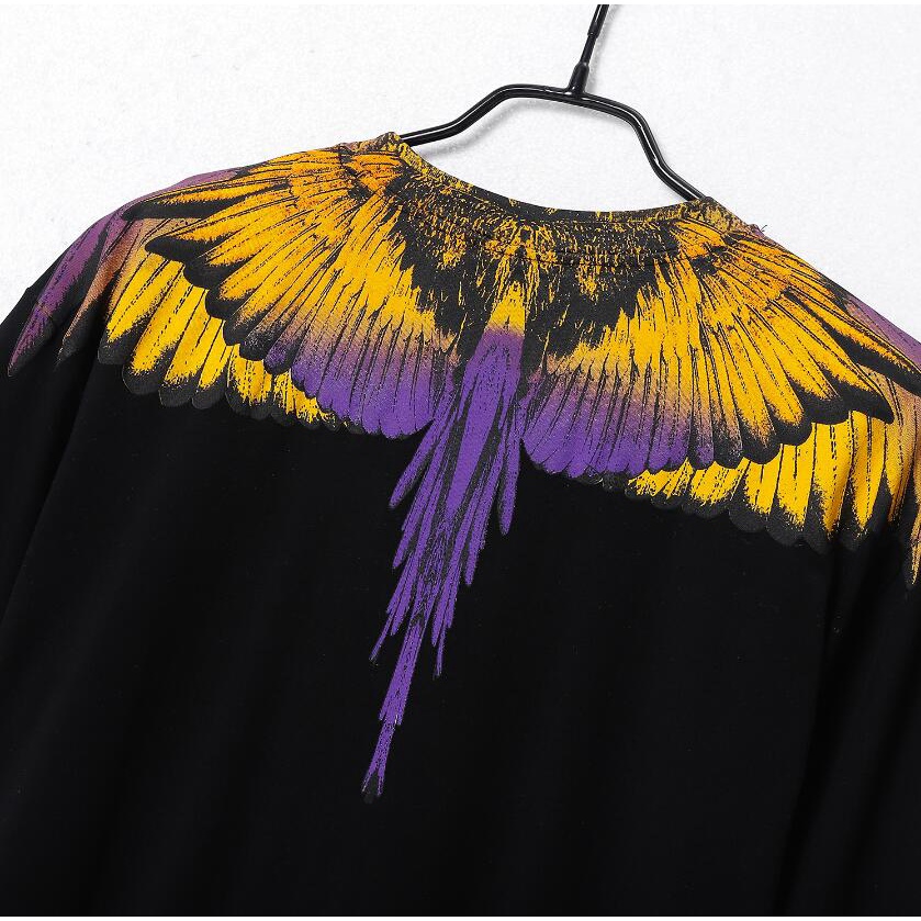 Áo Thun Cotton Đen Tay Ngắn In Hình Đôi Cánh Chim Vẹt Màu Xanh Dương Và Vàng Thời Trang