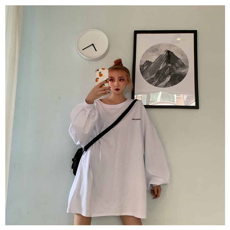 Áo thun SUXI tay dài dáng rộng dài màu trơn phong cách Hàn Quốc thời trang dành cho nữ với nhiều màu tùy chọn