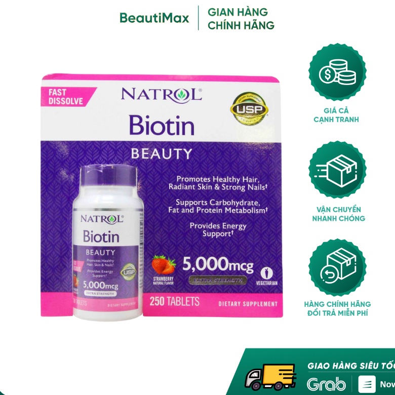 Viên uống mọc tóc móng, giảm gãy rụng Natrol Biotin 10,000mcg maximum strength 100 viên beautimax