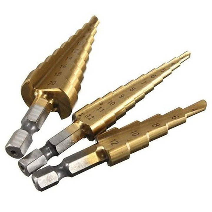 3 mũi khoan, Bộ 3 mũi khoan bước phủ titanium thép gió 4-20