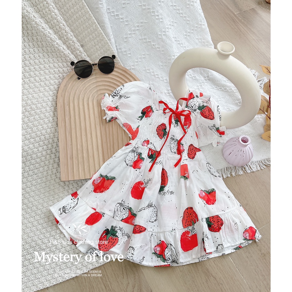 Váy dâu tây cho bé gái từ 8-18kg Kidbabyonline K112- Váy bé gái vải thô siêu mát