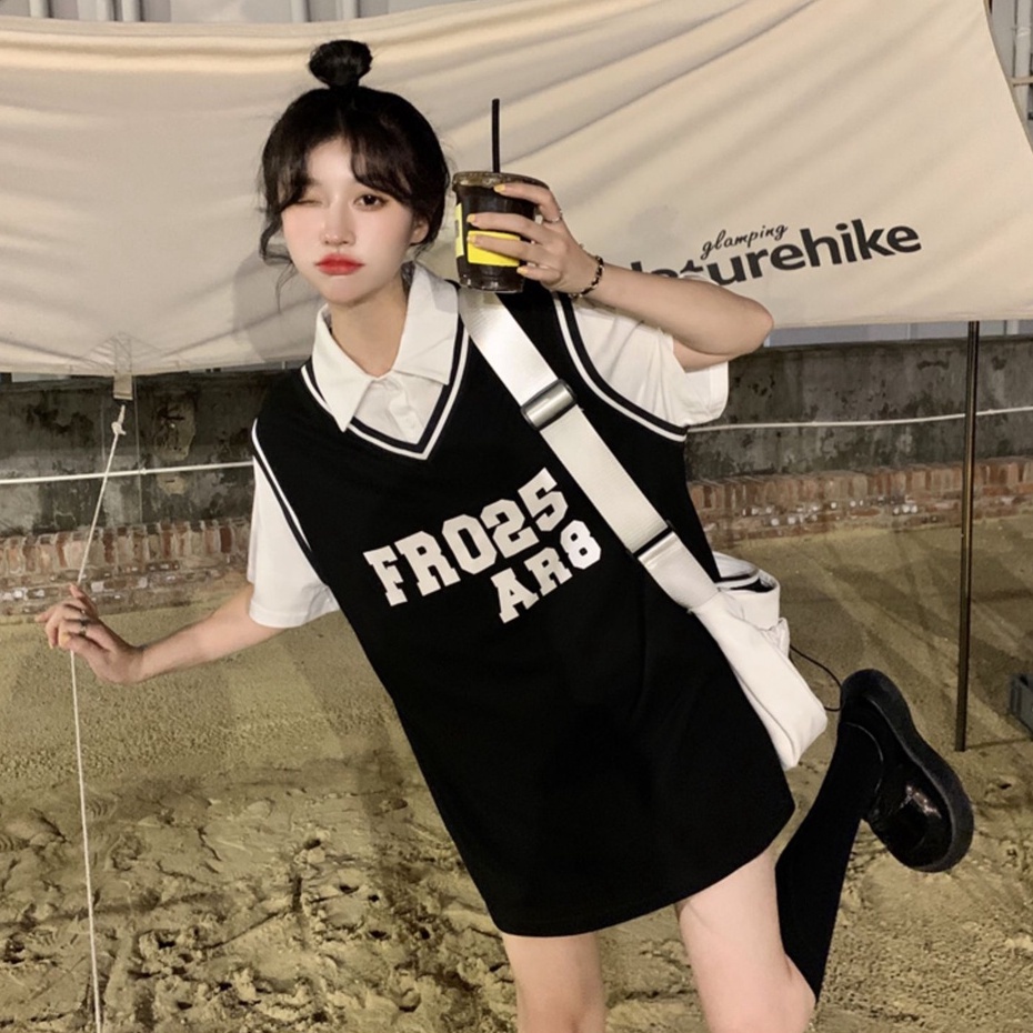 Đầm Thể Thao Ngắn Tay Dáng Rộng Có Cổ Thời Trang Hàn Quốc Cho Nữ